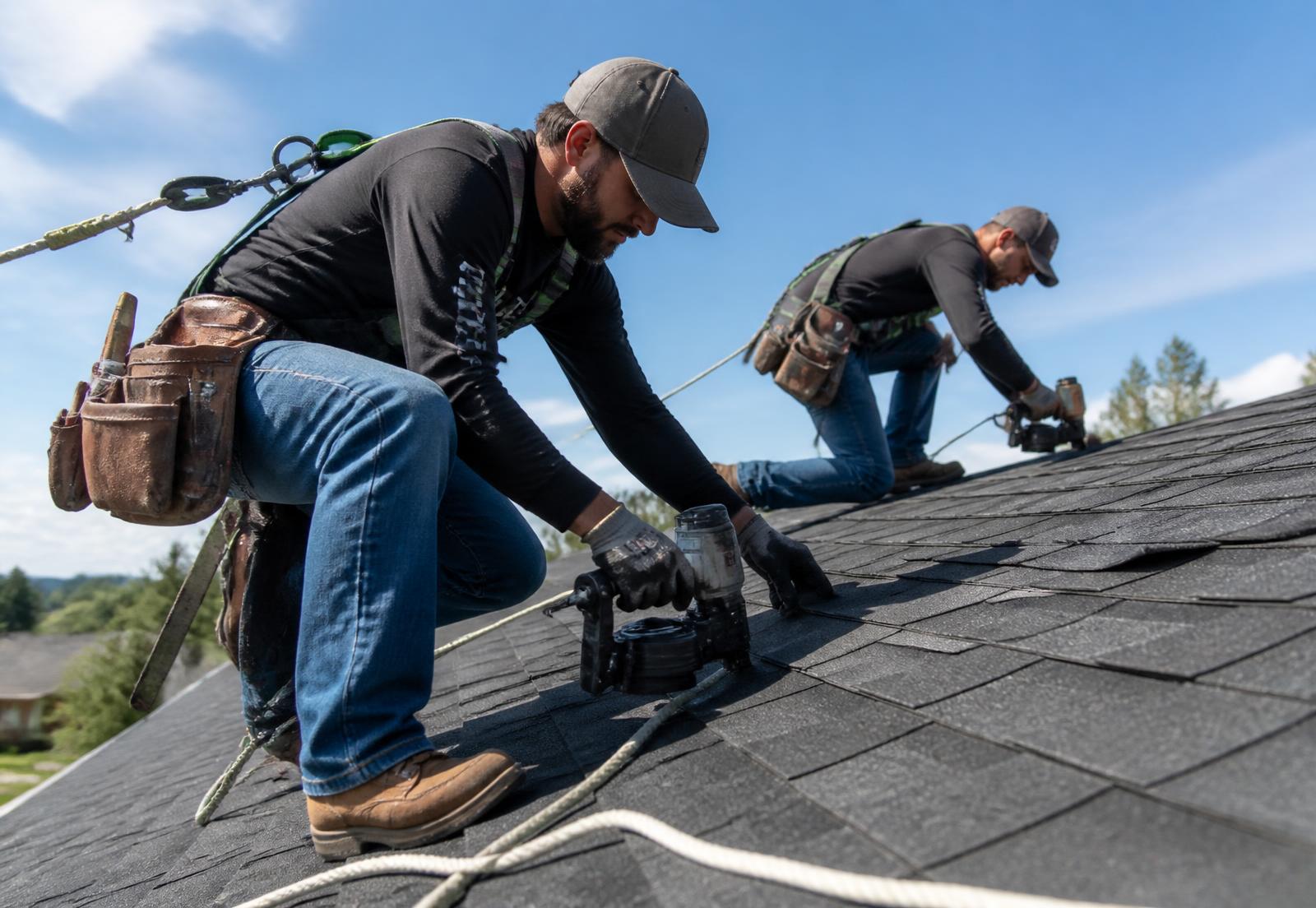 Sage Roofing crew installing shingles